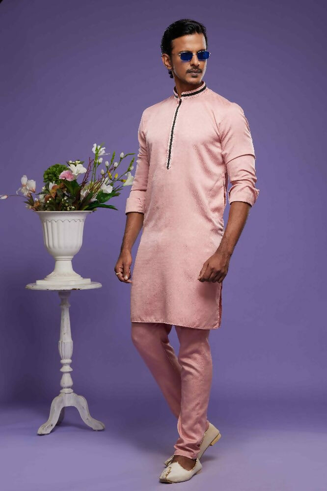 Raivat Ethnic Art Banarasi Silk Thread Work Kurta Pajama In Rust Pink Colour