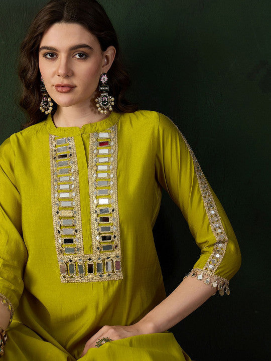 Sangria Embellished Mirror Work Roman Silk Tunic With Dhoti Pant