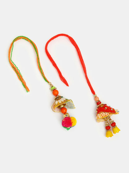 NVR Women Set of 2 Red Beaded Lumba Rakhi With Roli Chawal & Chocolate