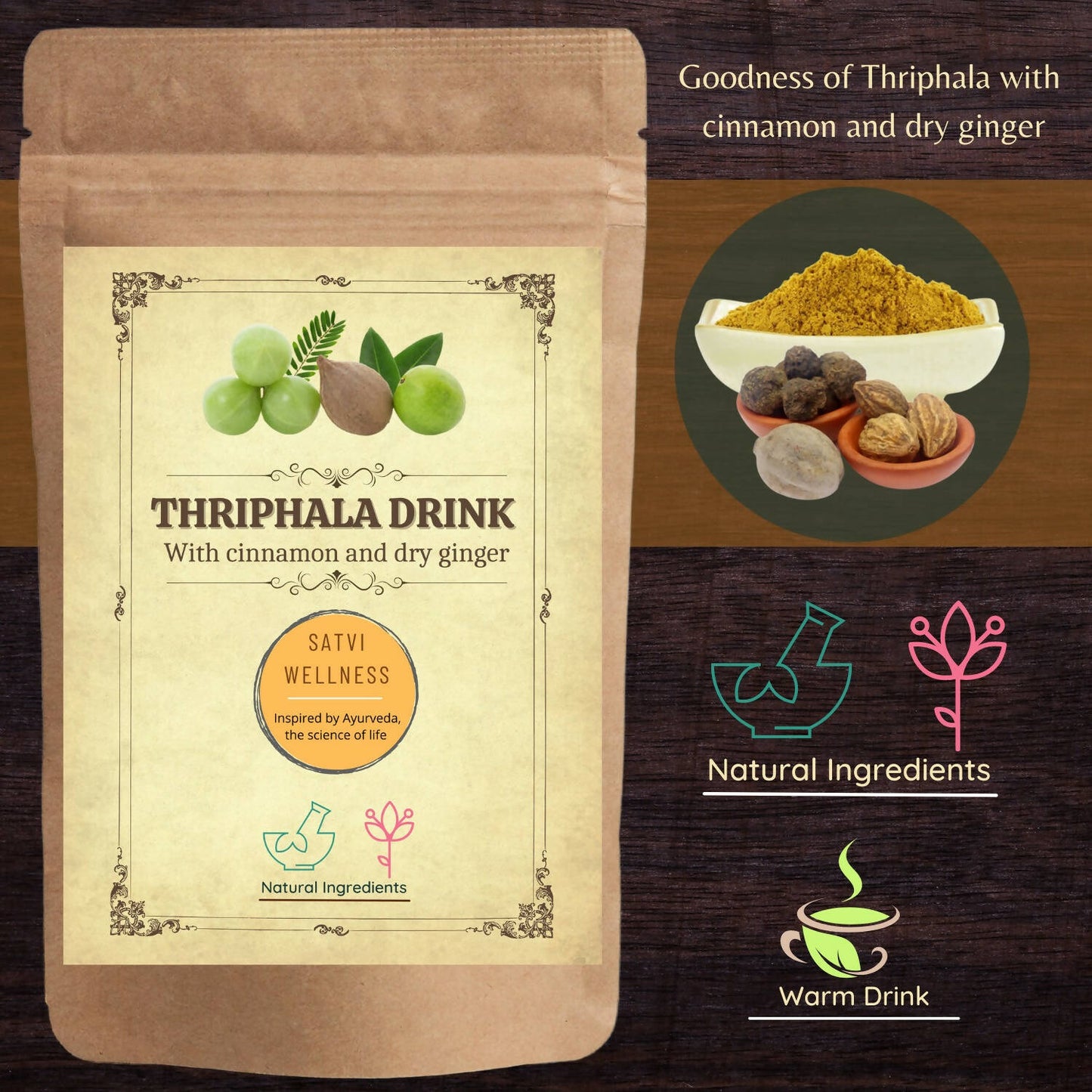 Satvi Wellness Thriphala Drink - Triphala with Cinnamon and Dry Ginger | Herbal Tea