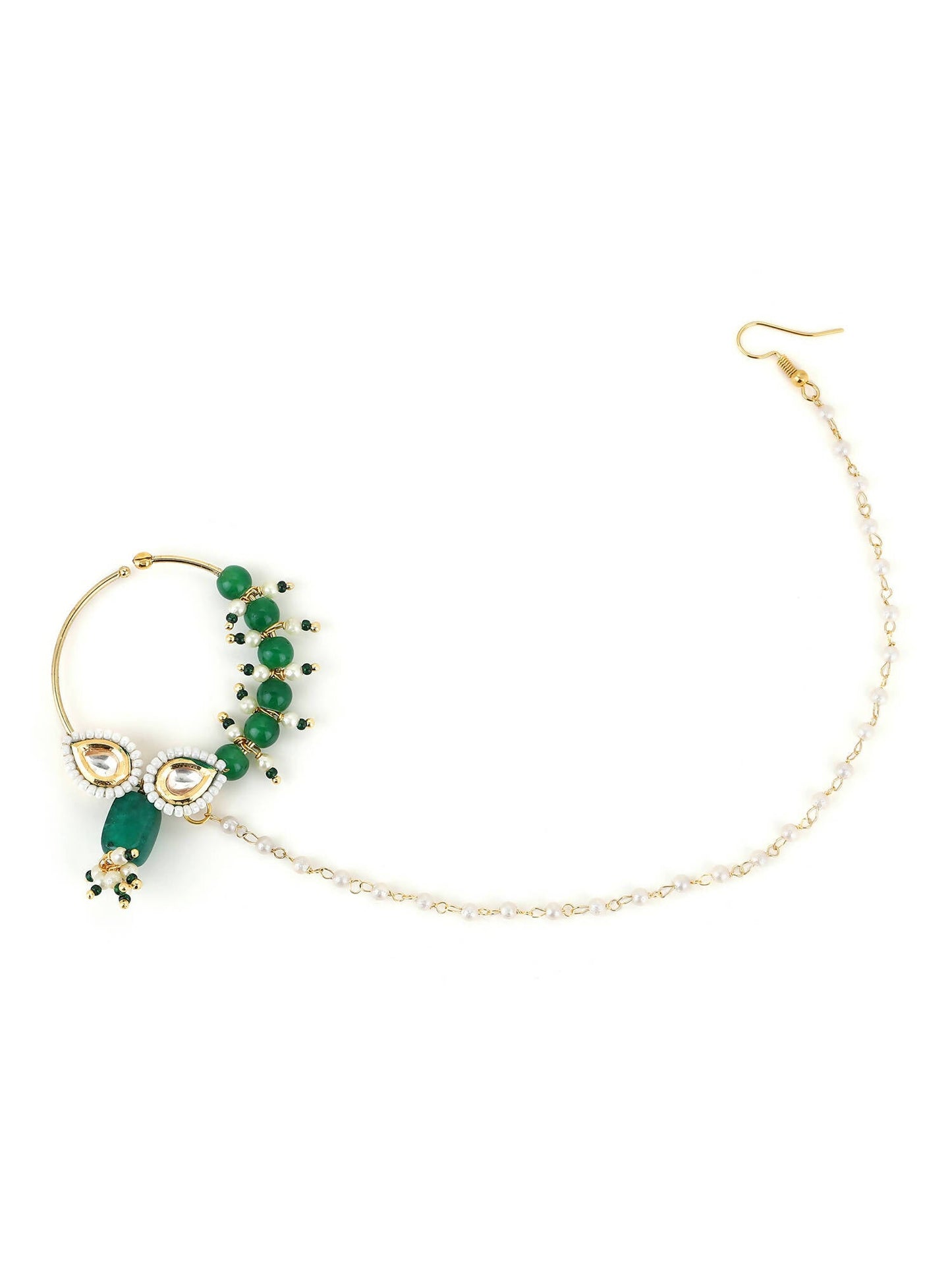 Gold-Polished White Green Kundan Studded Beaded Chain Nose Pin - Ruby Raang