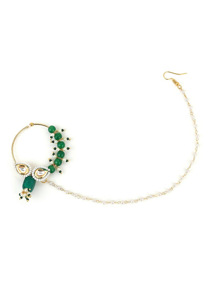 Gold-Polished White Green Kundan Studded Beaded Chain Nose Pin - Ruby Raang