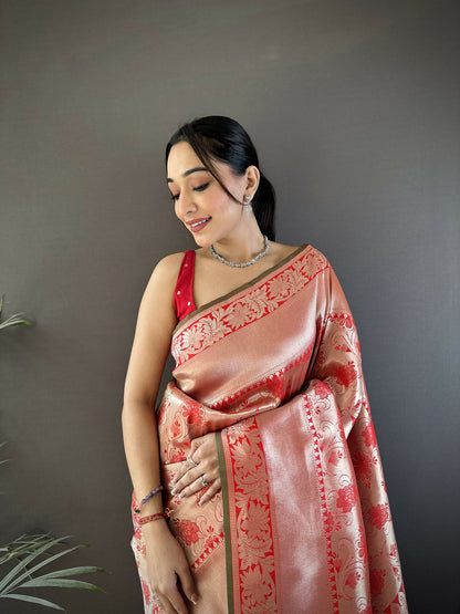 Joban Fashion Peach Flower Jall Pattern Soft Silk Banarasi Saree