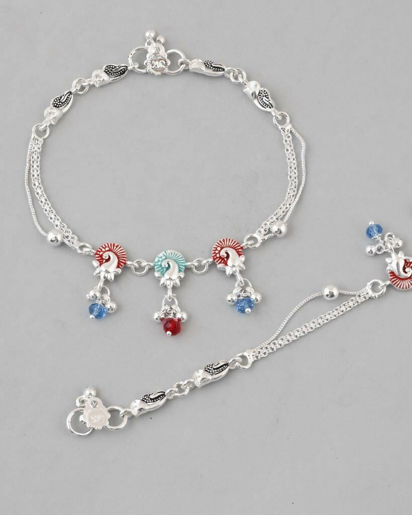 VOJ Set of 2 Silver Plated Peacock Shaped Multi Color Anklet
