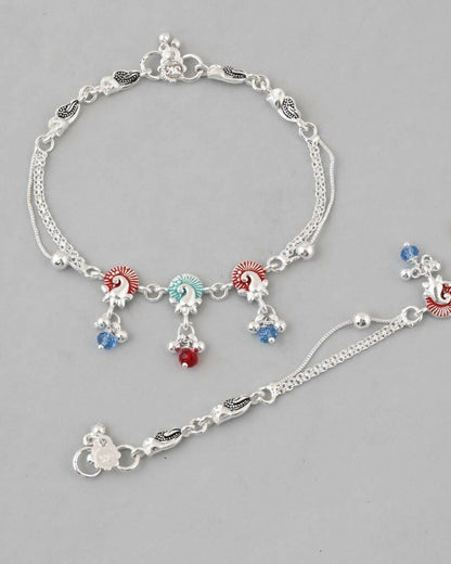 VOJ Set of 2 Silver Plated Peacock Shaped Multi Color Anklet