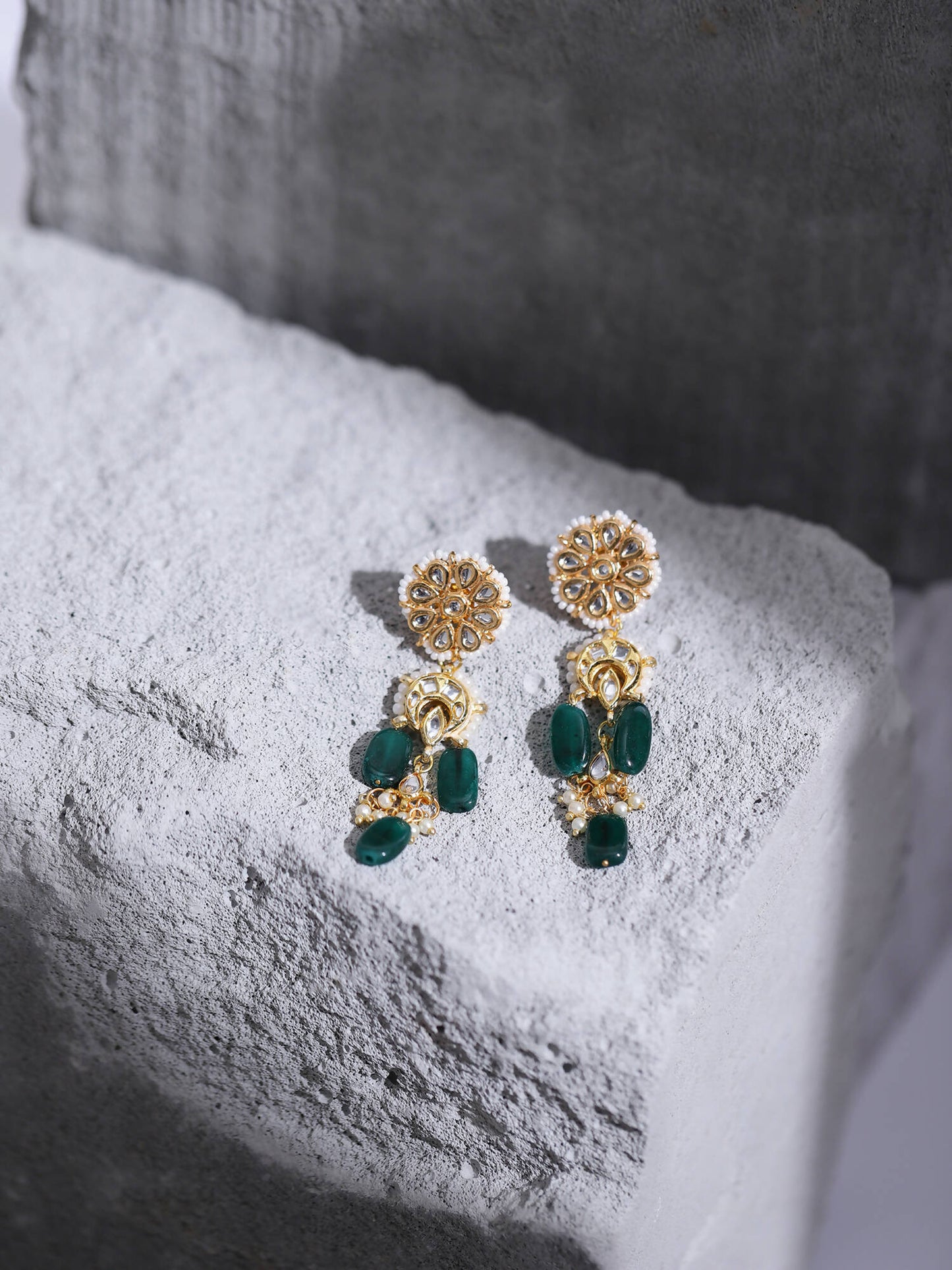 Gold-Toned White Kundan Contemporary Gold-Polished Drop Earrings - Ruby Raang