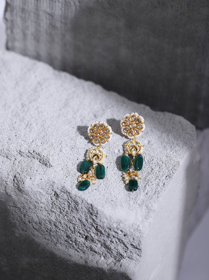 Gold-Toned White Kundan Contemporary Gold-Polished Drop Earrings - Ruby Raang