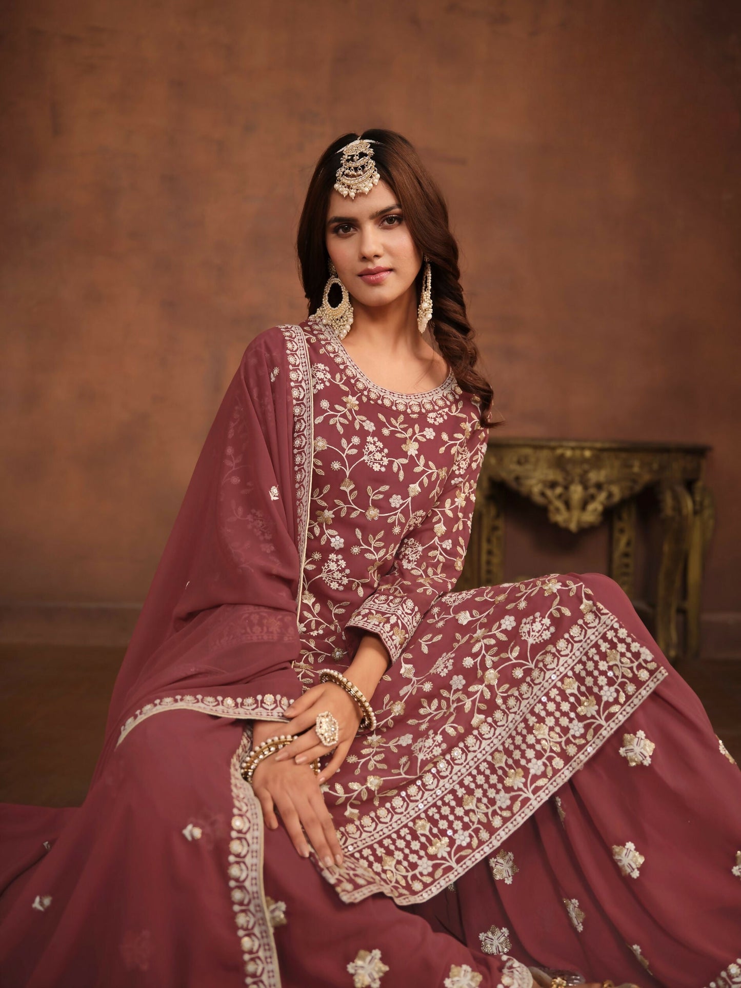 Anaita Brown Embroidered Faux Georgette Salwar Suit