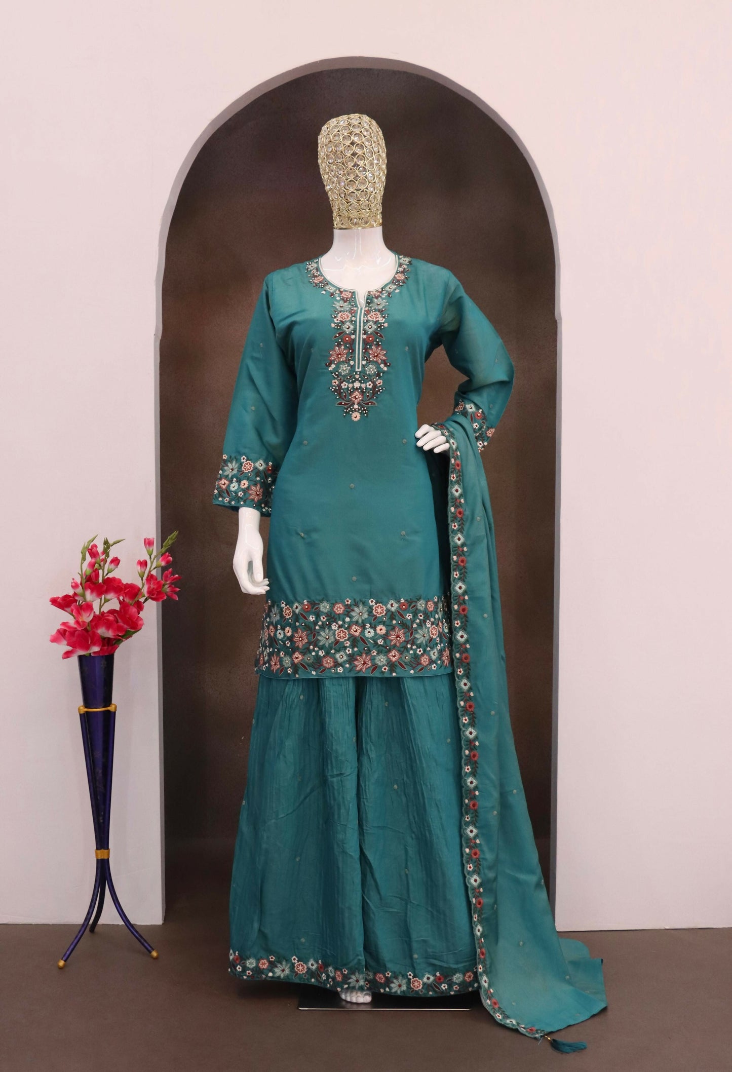 Anaita Turquoise Simar with Embroidery Multi & Zarkhan Work Readymade Palazzo suit