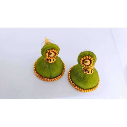 Green and Gold Silk Threaded Necklace Set with Earrings and Maang Tika