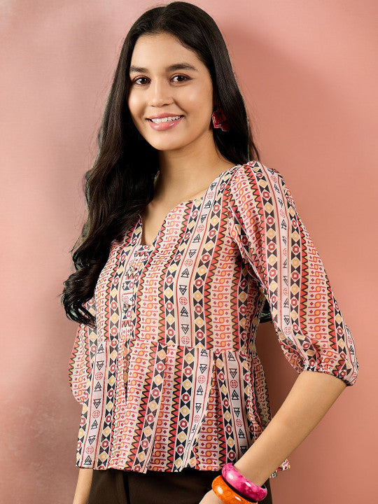 Sangria Printed Puffed Sleeves Peplum Top