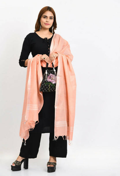 Mominos Fashion Moeza Women's Linen Cotton Silver Border Peach Dupatta