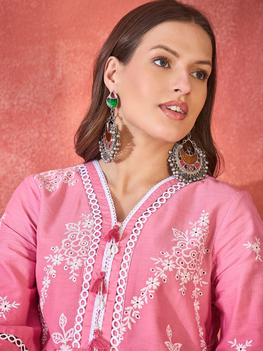 Sangria Chikankari Embroidered 100% Cotton Kurta & Dhoti Pants