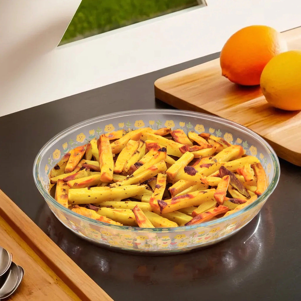 UMAI Borosilicate Printed Glass Baking Tray 2.4L Transparent Microwave Oven Safe Oval