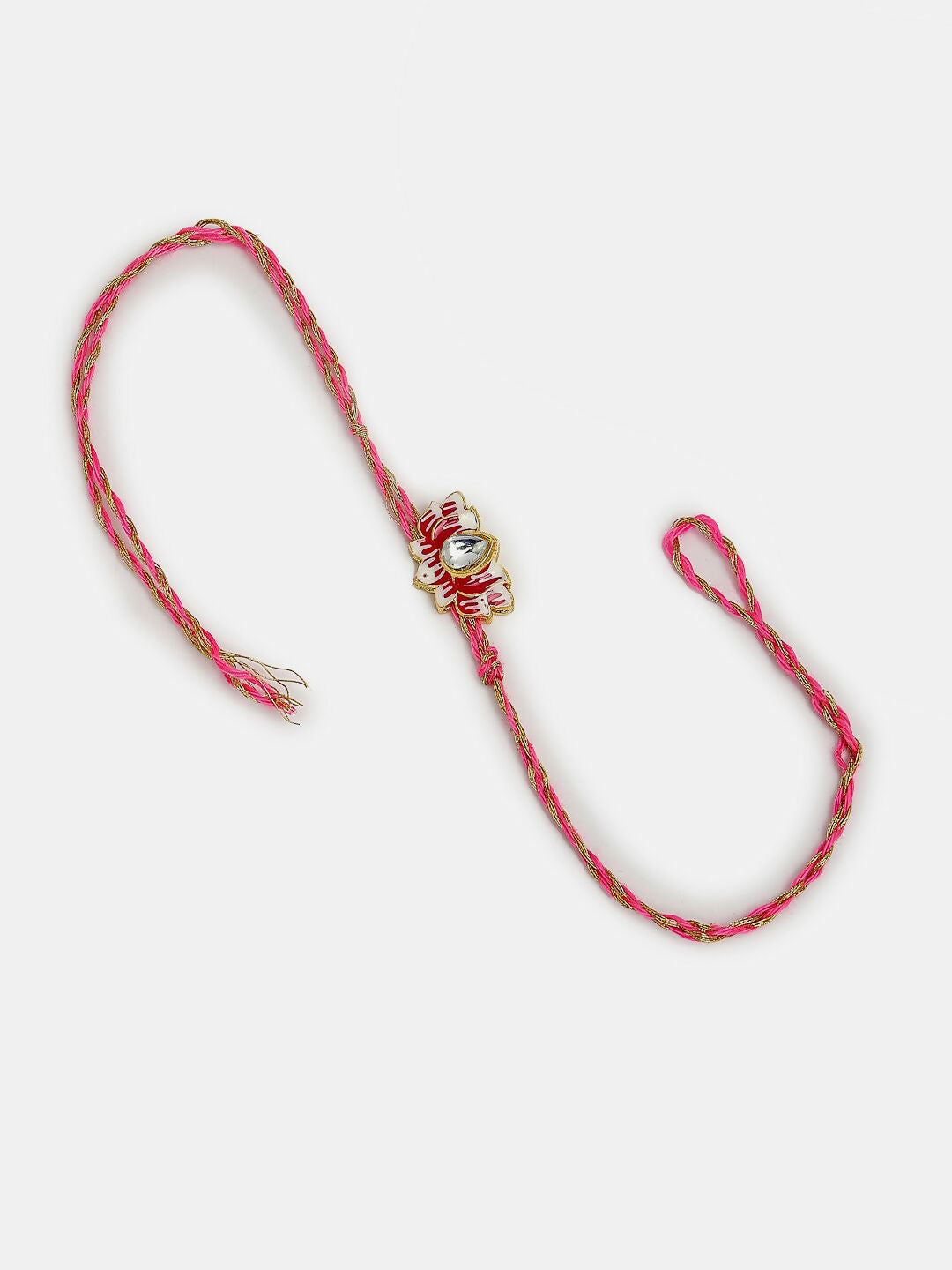 NVR Women & Men Set of 2 Pink Lotus Shape Kundan-Studded & Beaded Handcrafted Wraparound Rakhi Set With Roli Chawal