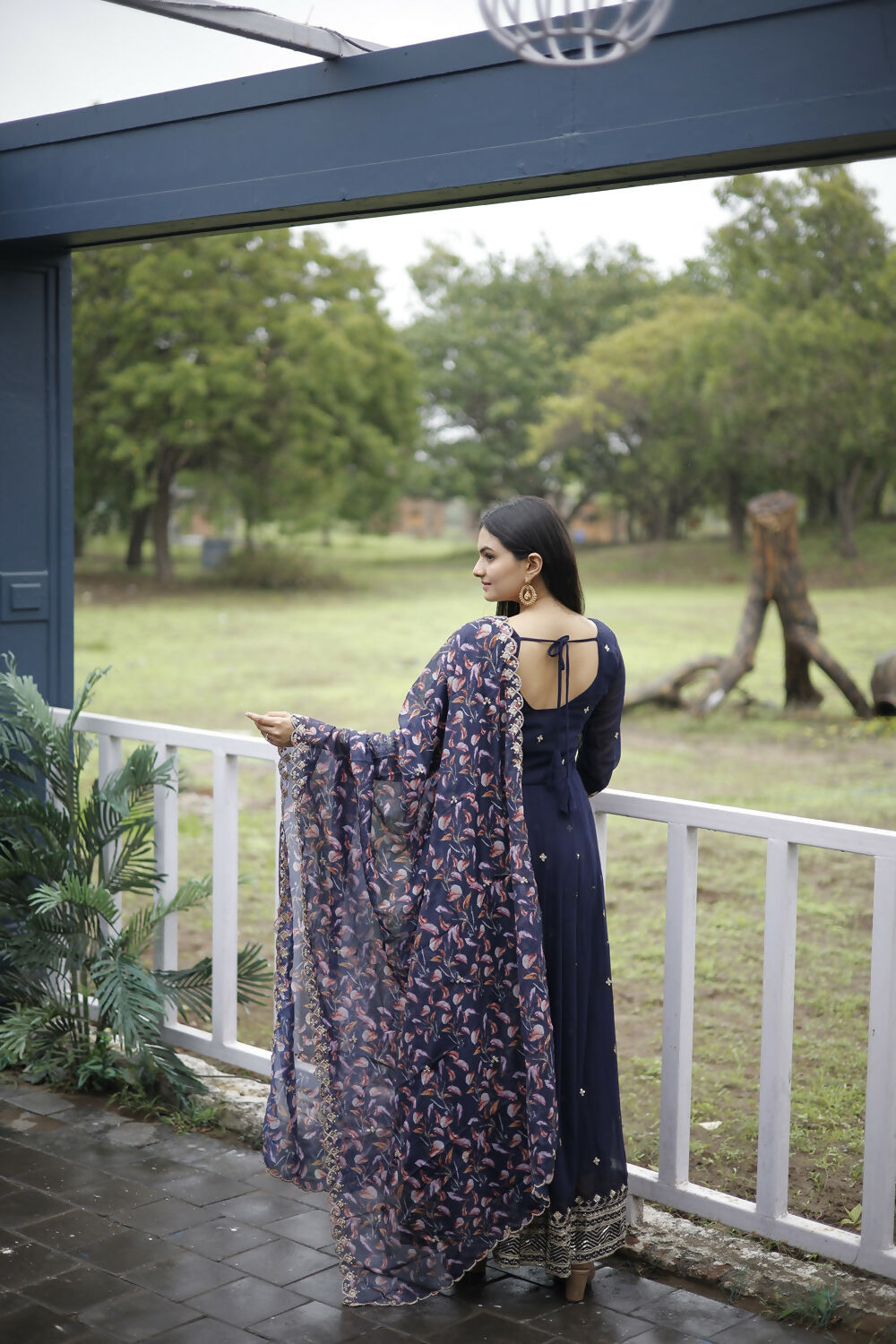 Aayaa Designer Embroidery Zari Sequins-Work Faux Blooming Georgette Suit - Navy Blue