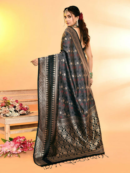 Joban Fashion Grey & Black Plain With Weaving Border Banarasi Silk Sarees