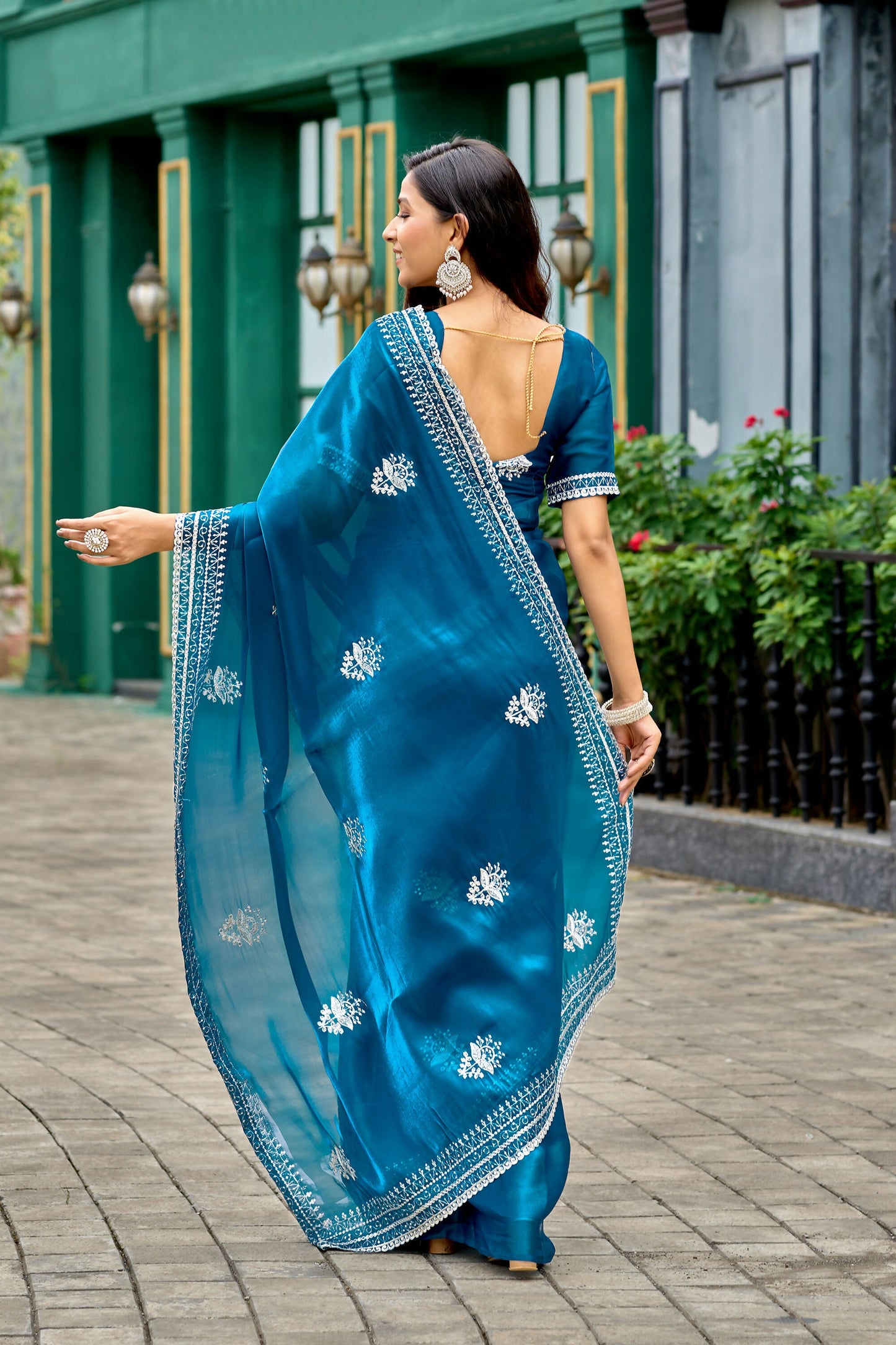 Vastranavya Sea Blue Embroidery Work Shimmer Chiffon Saree with Unstitched Blouse