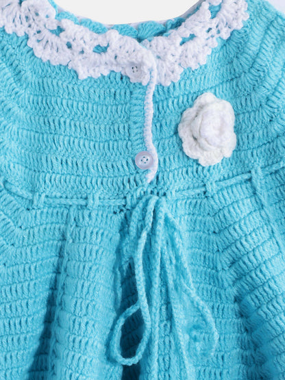 Chutput Kids Woollen Hand Knitted Full Sleeves Flower Work Dress For Baby Girls - Blue