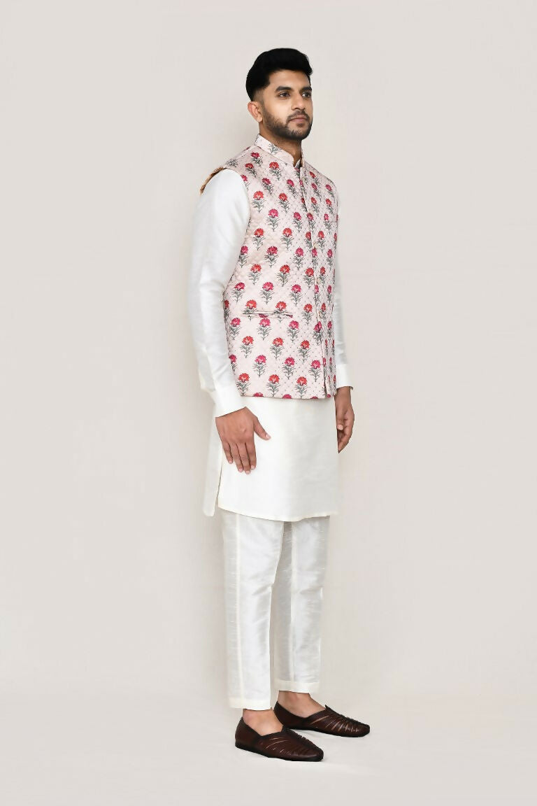 Joban Fashion White Colored Art Silk Fabric Kurta, Jacket With Straight Fit Pant