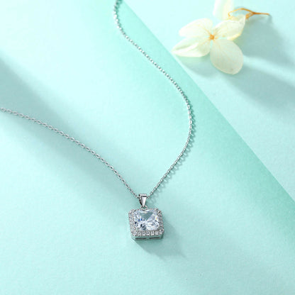 Cauer Radiant Moissanite Pendant Necklace in 925 Sterling Silver, White Gold Plated