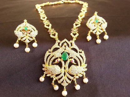 Latest Green Beaded AD Peacock Bridal Necklace Set