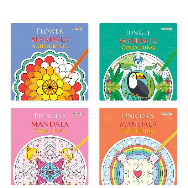 Jolly Kids Mandala Colouring Books Set| Set of 4| Colouring Book: Stress Relieving Designs Flower, Jungle, Princess & Unicorn Colouring Books