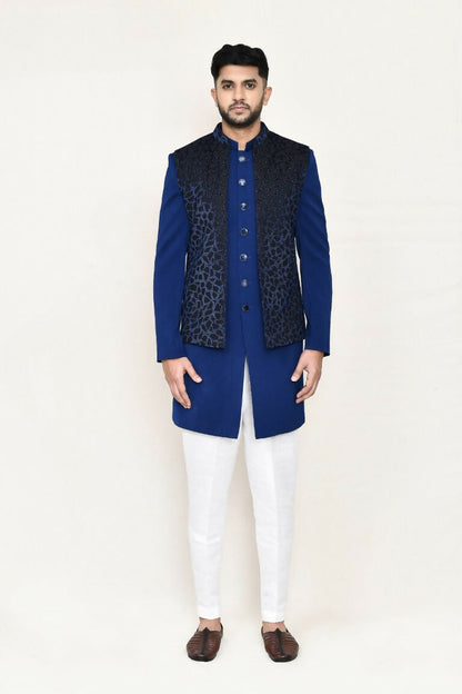 Joban Fashion Blue Colored Imported Jacquard Fabric Open Jacket, Indo Western With Straight Fit Pant