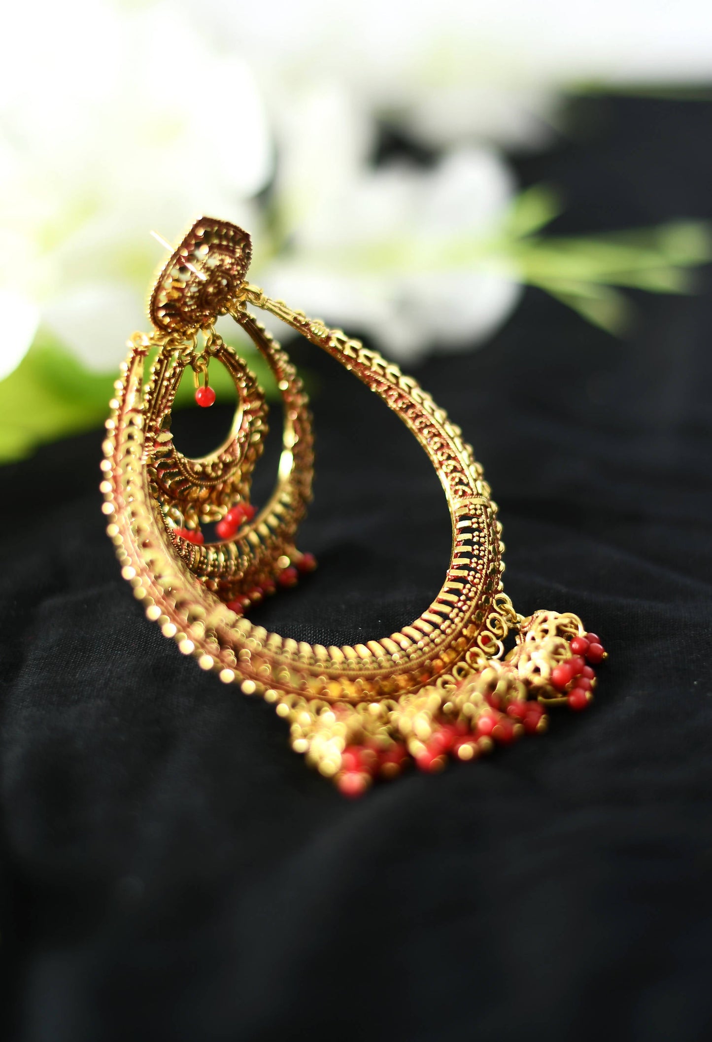 Mominos Fashion Johar Kamal Triple Circle White With Red Big Size Earrings