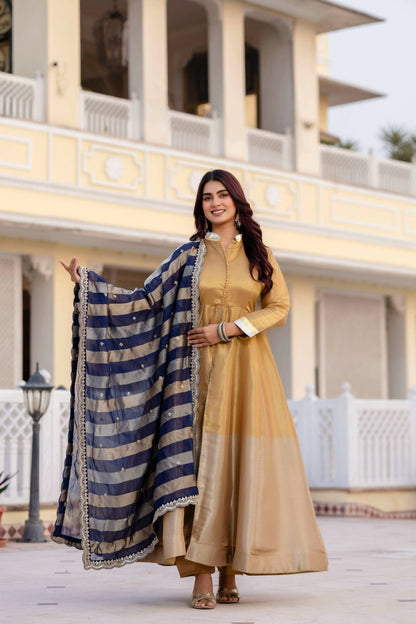Teeya Creation Multi Color Pure Banarasi Viscose Wedding Wear Long Gown