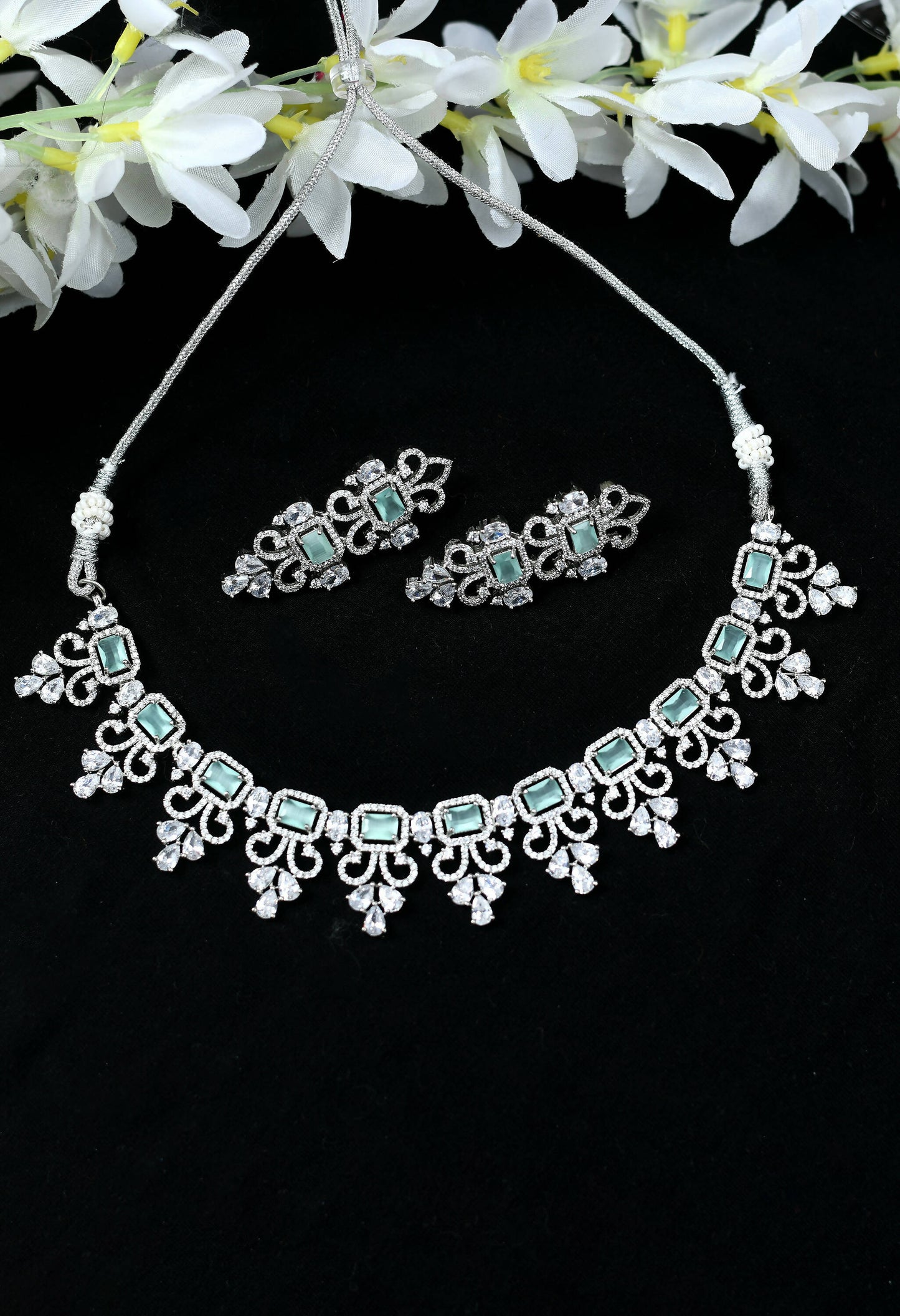 Mominos Fashion Johar Kamal Silver-Plated American Diamond Pista Green Choker Set