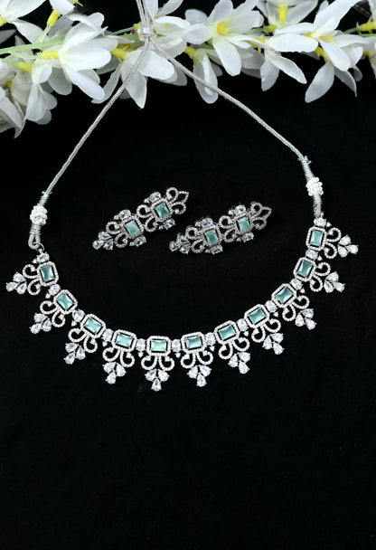 Mominos Fashion Johar Kamal Silver-Plated American Diamond Pista Green Choker Set