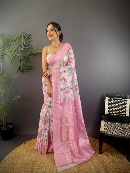 Elora Baby Pink Silk Floral Motifs Coppery Tone Contrast Floral Border Banarasi Saree