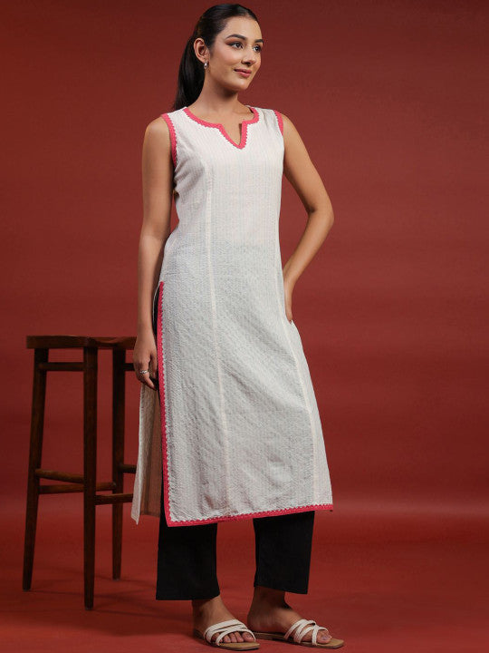 Anayna Women Geometric Thread Work Pastels Dobby Kurta