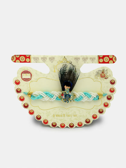 NVR Women & Men Set of 2 Blue Krishna Pearl Bhaiya Bhabhi Rakhi With Roli Chawal & Chocolate
