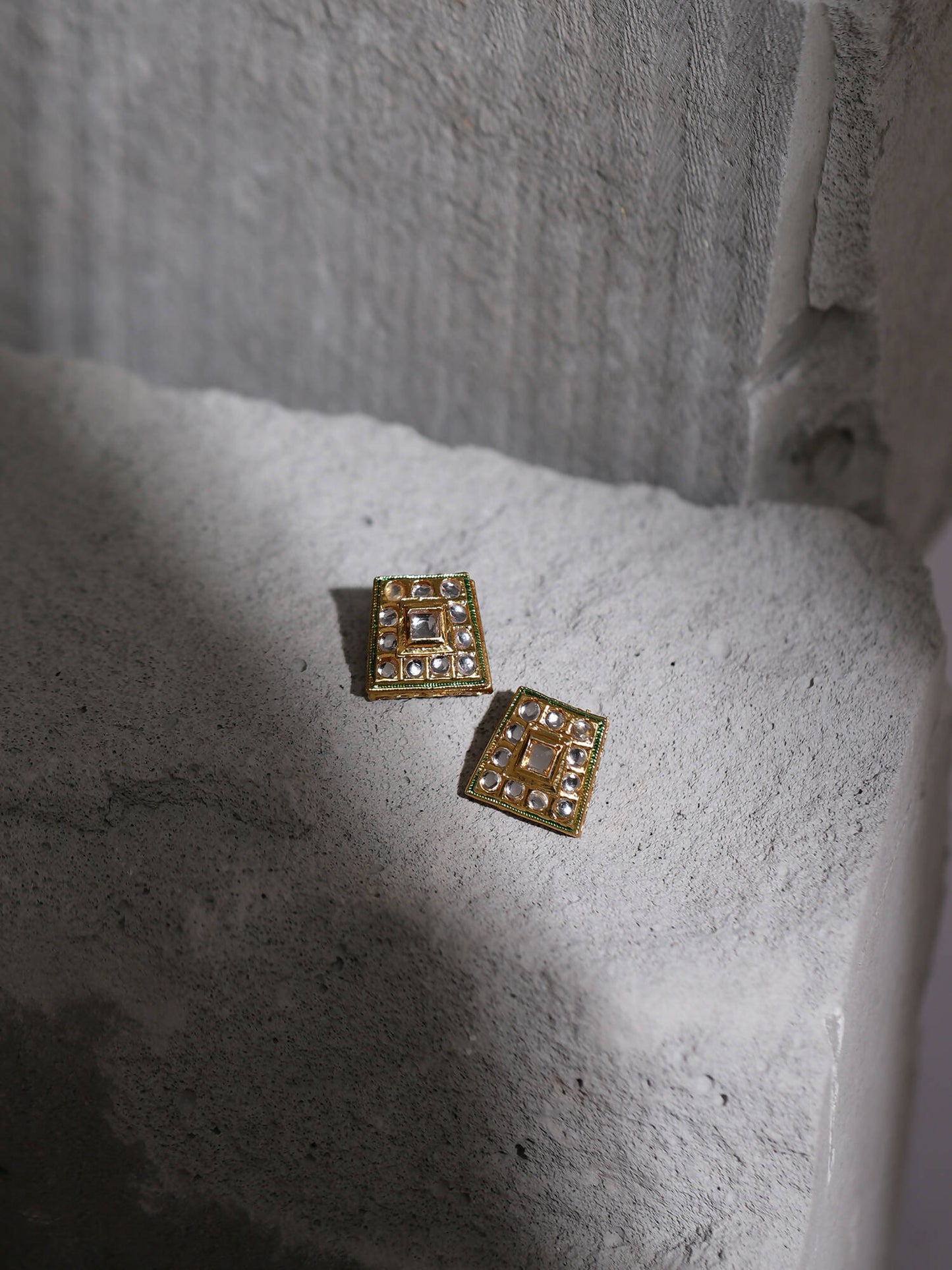 Gold-Toned White Kundan Square Shaped Gold-Polished Studs Earrings - Ruby Raang