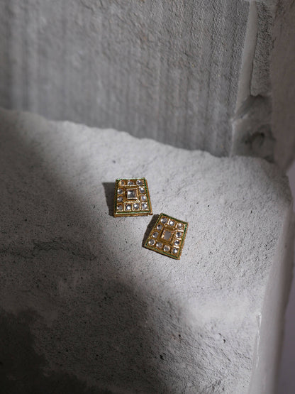 Gold-Toned White Kundan Square Shaped Gold-Polished Studs Earrings - Ruby Raang