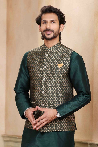 Raivat Ethnic Jacquard Banarasi Silk Woven Work 3 Pics Jacket Set In Green Colour