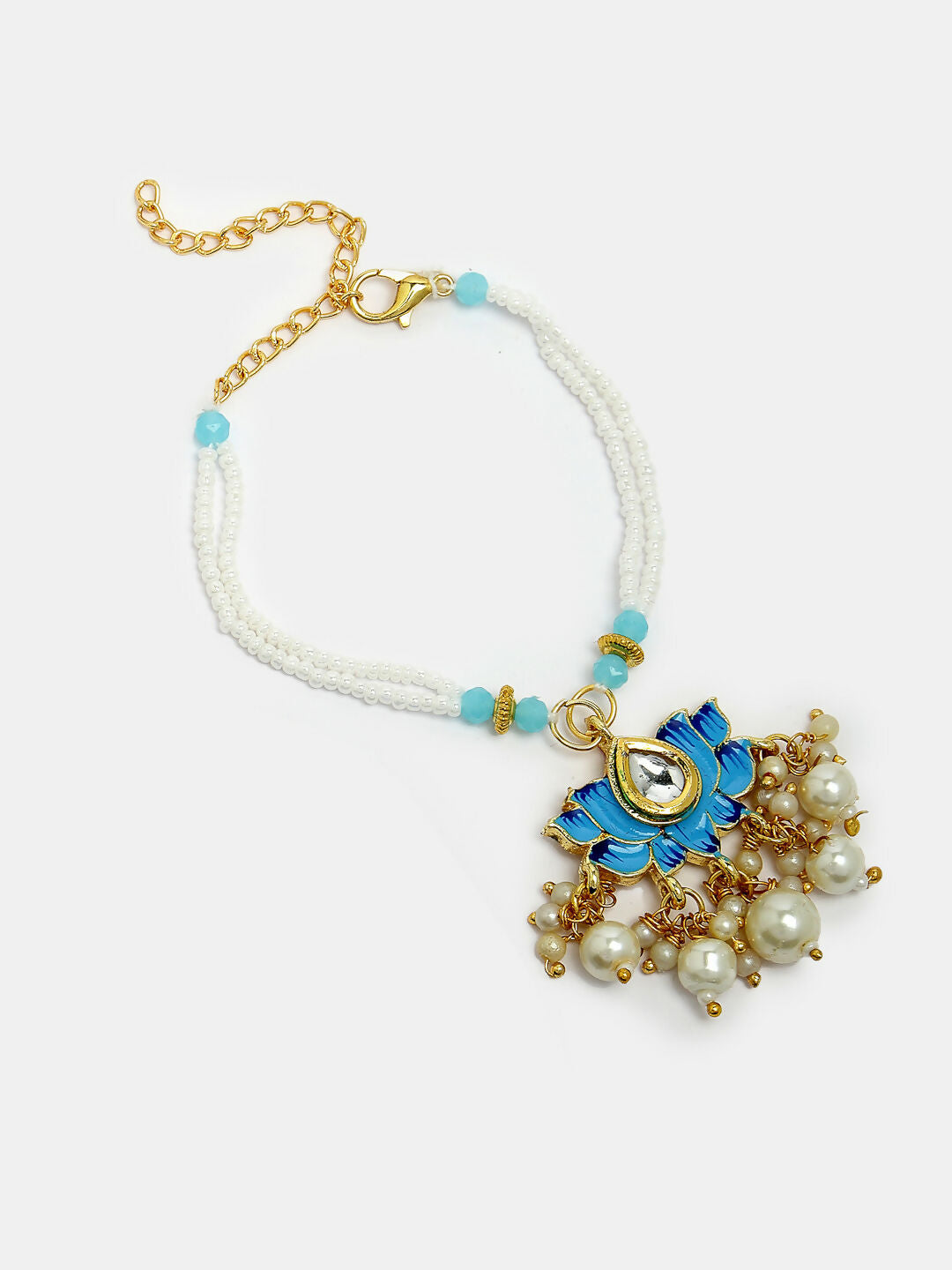 NVR Women & Men Set of 2 Blue Lotus Shape Kundan-Studded & Beaded Handcrafted Wraparound Rakhi Set With Roli Chawal