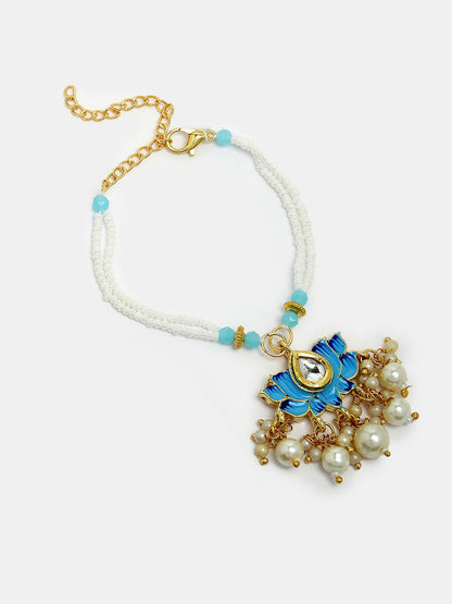 NVR Women & Men Set of 2 Blue Lotus Shape Kundan-Studded & Beaded Handcrafted Wraparound Rakhi Set With Roli Chawal