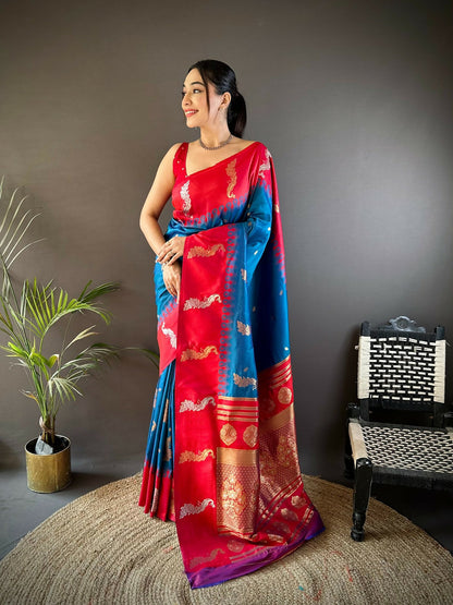 Joban Fashion Red Peacock,Butti Banarasi Silk Sarees