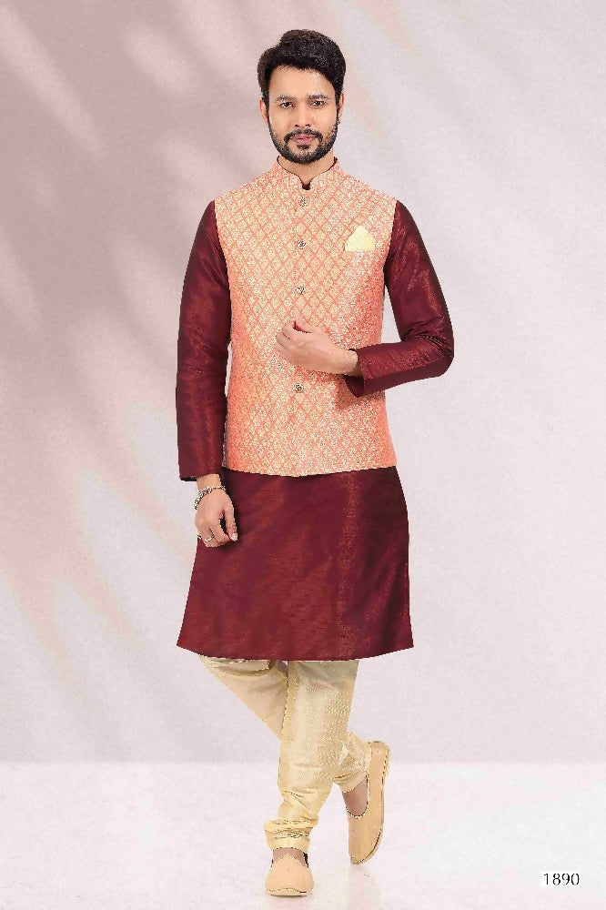 Raivat Ethnic Jacquard Banarasi Silk Woven Work 3 Pics Jacket Set In Peach Colour