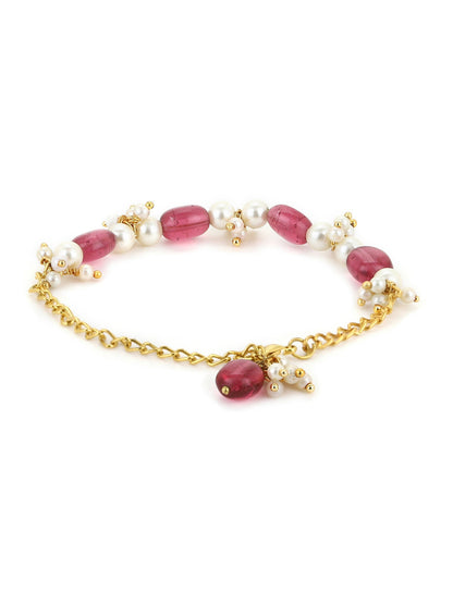 Women's Gold-Toned White Brass Kundan Gold-Polished Link Bracelet - Ruby Raang