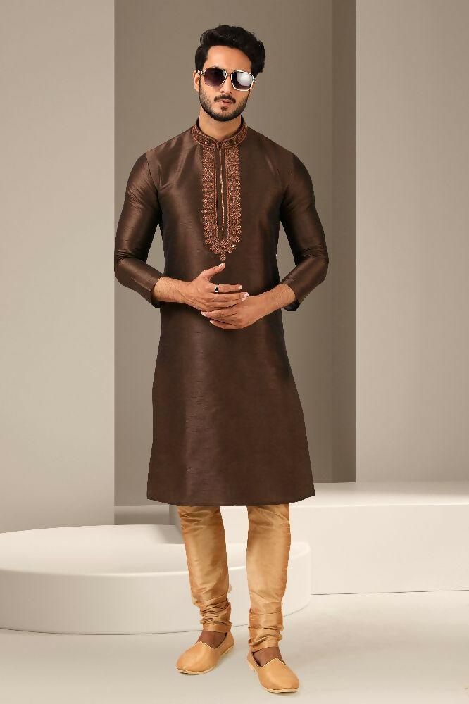 Raivat Ethnic Banarasi Art Silk Mirror Work Kurta Pajama In Brown Colour