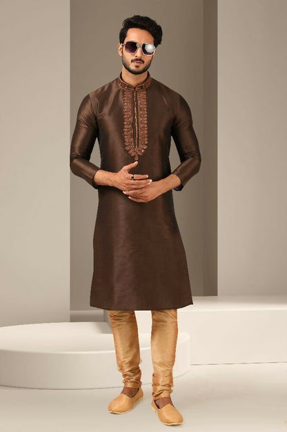 Raivat Ethnic Banarasi Art Silk Mirror Work Kurta Pajama In Brown Colour