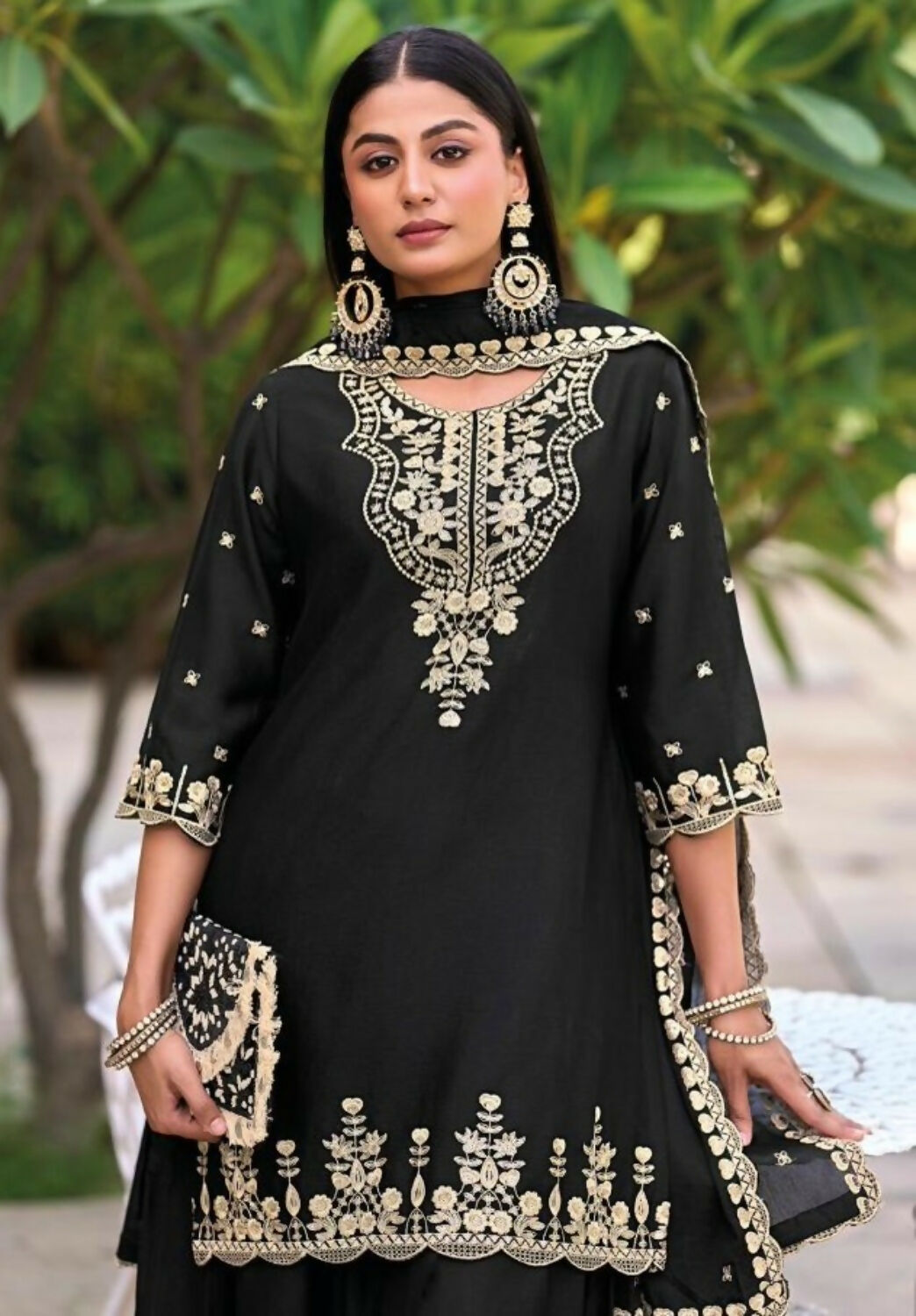 Anaita Black Chinon Readymade Palazzo Suit with Heavy Embroidery Work