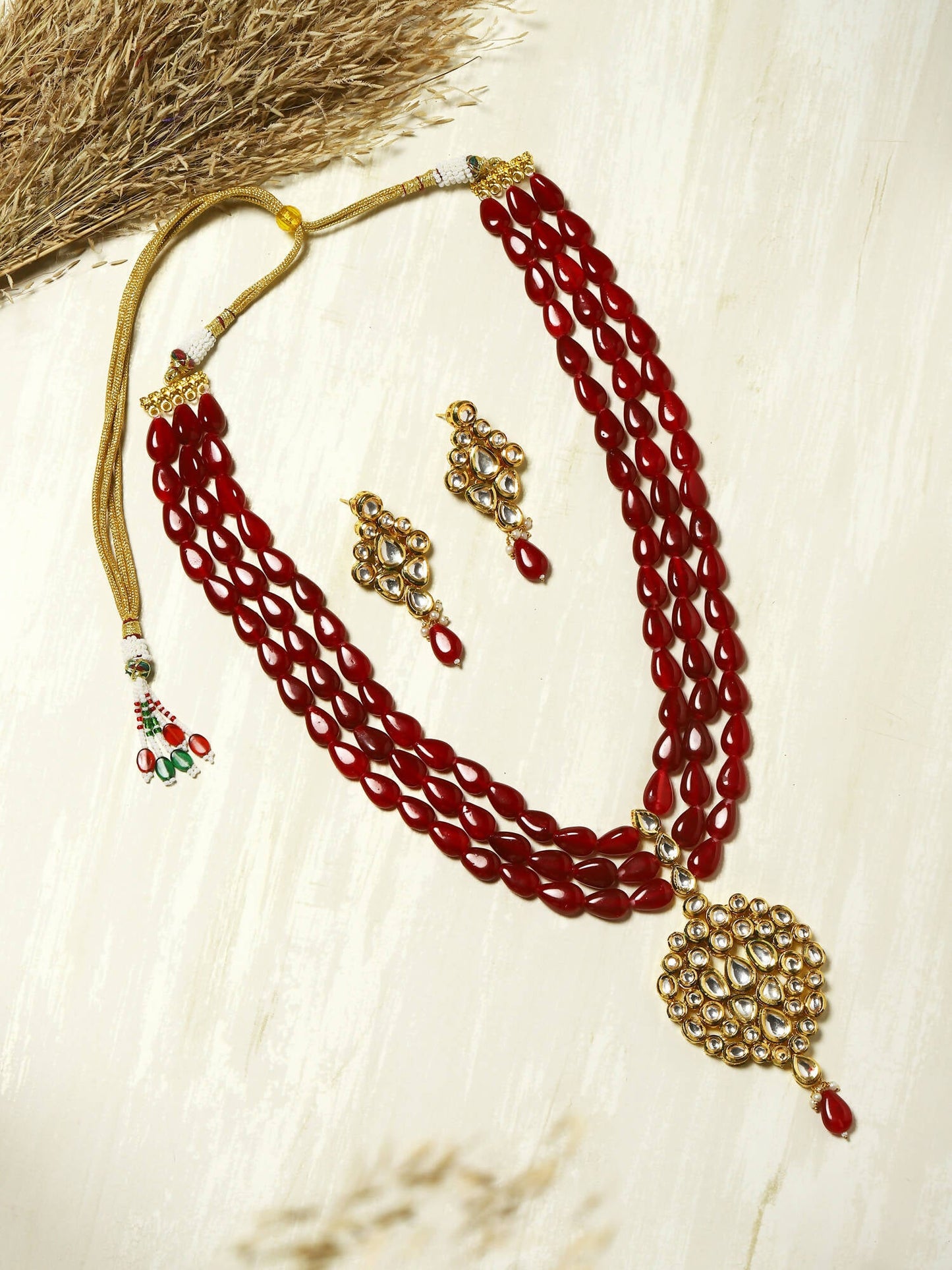 Gold-Polished White Maroon Kundan Studded Beaded Handcrafted Jewellery Set - Ruby Raang