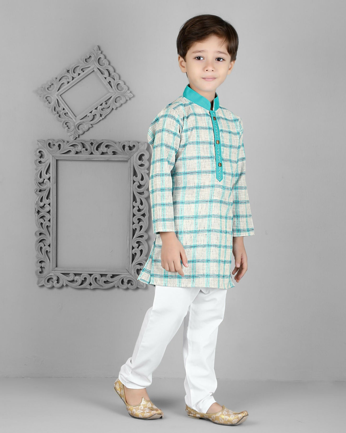 Joban Fashion Kids Island Cotton Full Sleeves Striped Kurta and Pyjama- Teal Blue