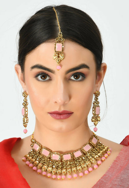 Mominos Fashion Johar Kamal Gold-Polished Brass Finish Kundan/Stone Choker For Women (Baby Pink)