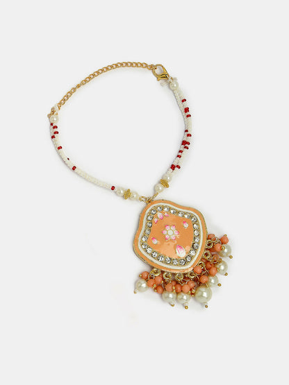 NVR Women & Men Set of 2 Peach Lotus Shape Kundan Stone-Studded & Beaded Bhaiya Bhabhi Rakhi With Roli Chawal